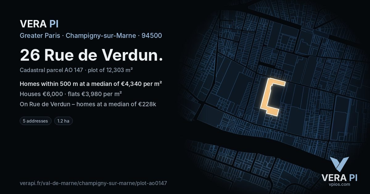 26 Rue de Verdun, Champigny-sur-Marne at night – the plot lit, the parcels around coloured by the prices near them