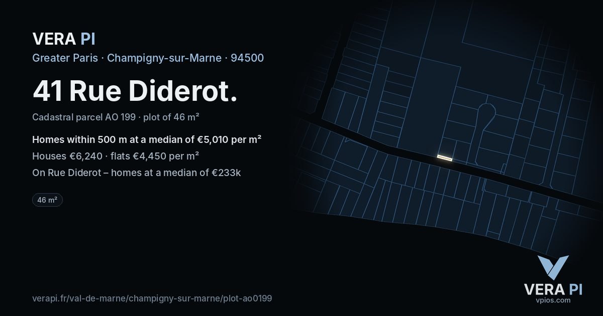 41 Rue Diderot, Champigny-sur-Marne at night – the plot lit, the parcels around coloured by the prices near them