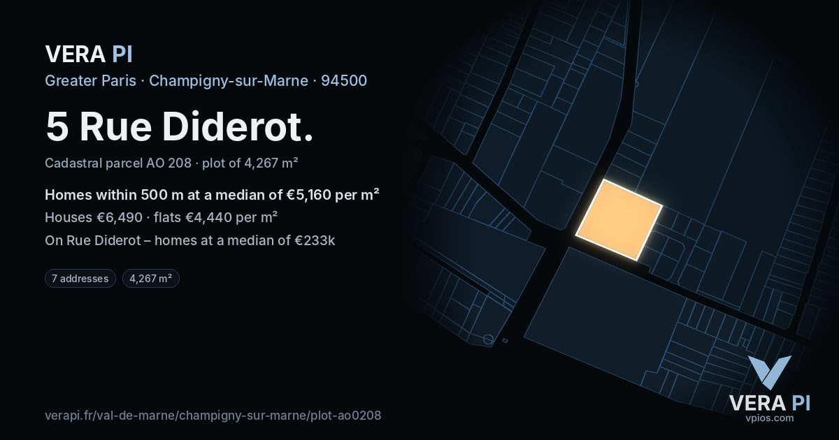 5 Rue Diderot, Champigny-sur-Marne at night – the plot lit, the parcels around coloured by the prices near them