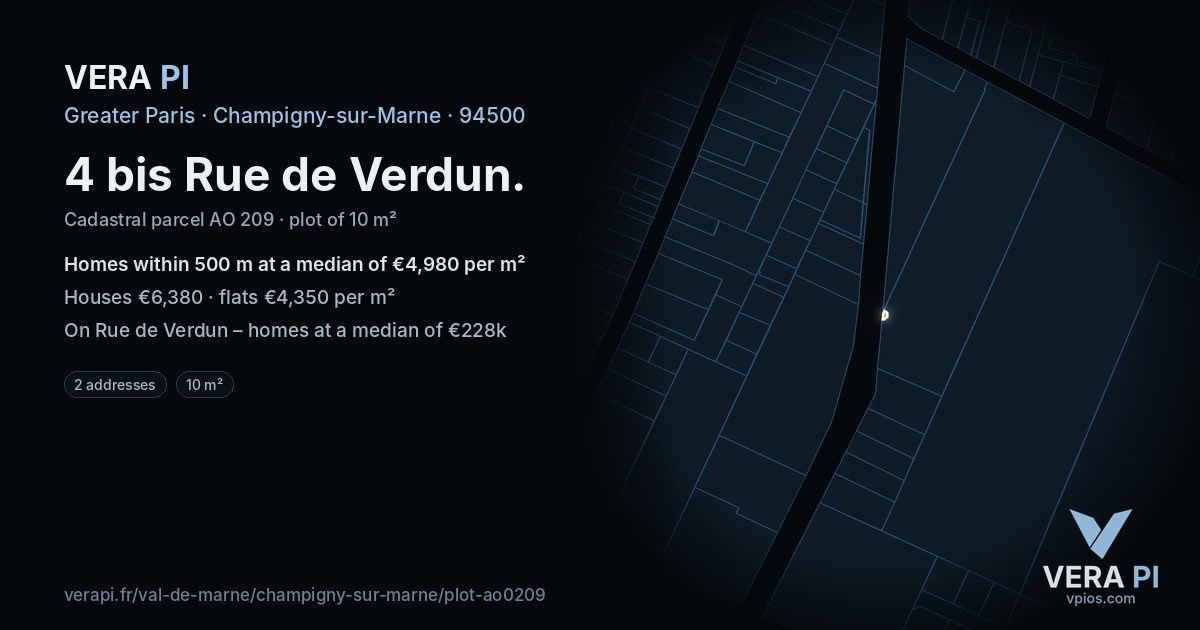 4 bis Rue de Verdun, Champigny-sur-Marne at night – the plot lit, the parcels around coloured by the prices near them