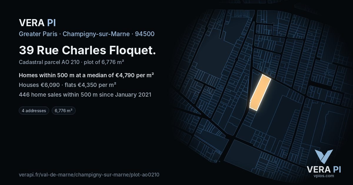 39 Rue Charles Floquet, Champigny-sur-Marne at night – the plot lit, the parcels around coloured by the prices near them