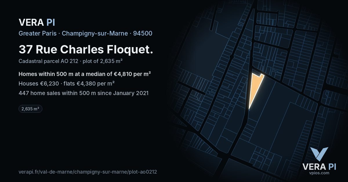 37 Rue Charles Floquet, Champigny-sur-Marne at night – the plot lit, the parcels around coloured by the prices near them