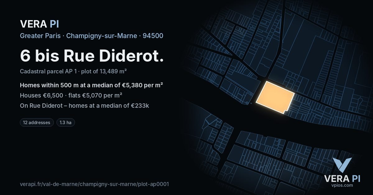 6 bis Rue Diderot, Champigny-sur-Marne at night – the plot lit, the parcels around coloured by the prices near them