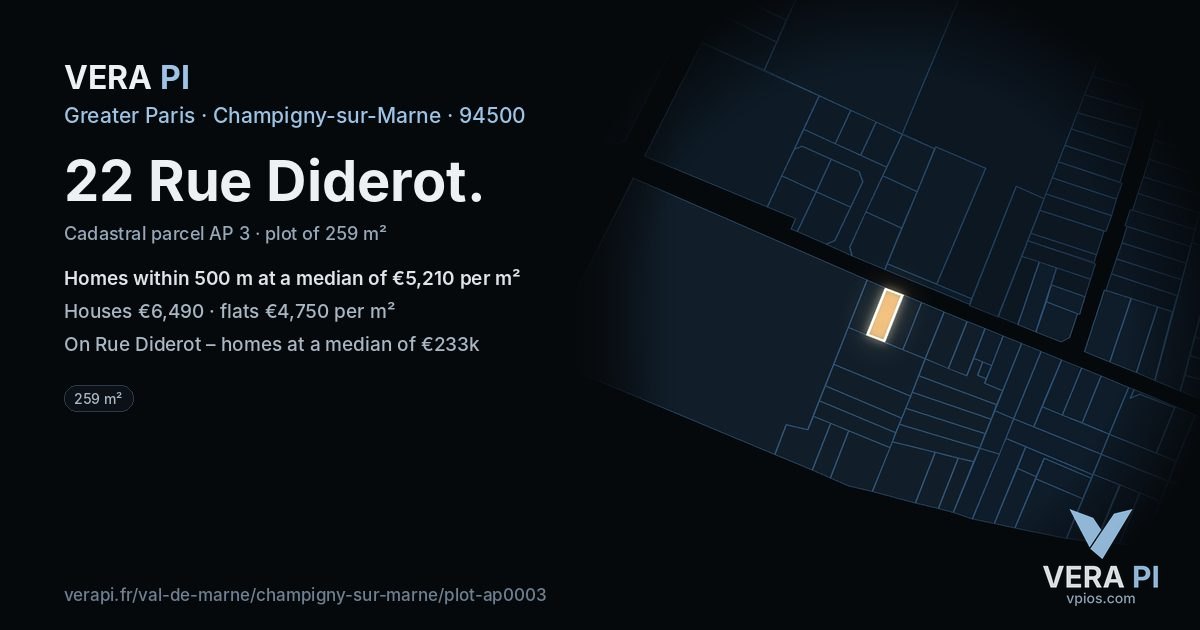 22 Rue Diderot, Champigny-sur-Marne at night – the plot lit, the parcels around coloured by the prices near them