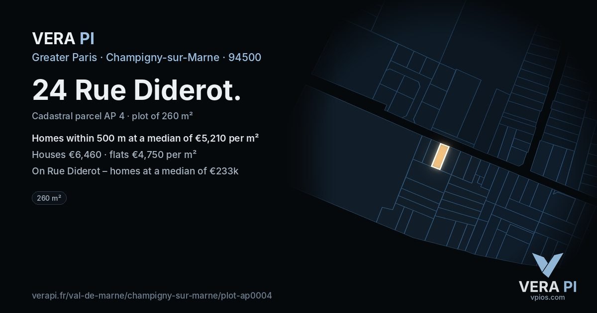 24 Rue Diderot, Champigny-sur-Marne at night – the plot lit, the parcels around coloured by the prices near them
