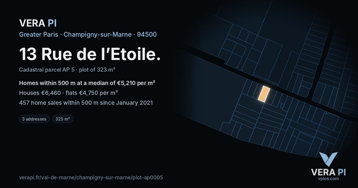 13 Rue de l’Etoile, Champigny-sur-Marne at night – the plot lit, the parcels around coloured by the prices near them