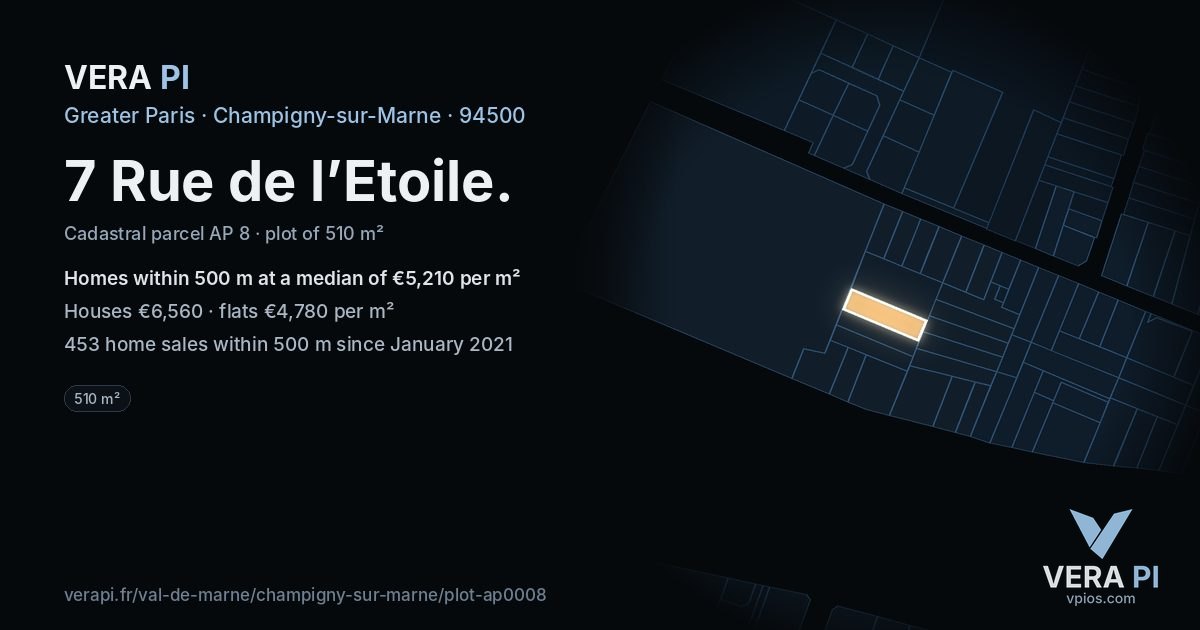7 Rue de l’Etoile, Champigny-sur-Marne at night – the plot lit, the parcels around coloured by the prices near them