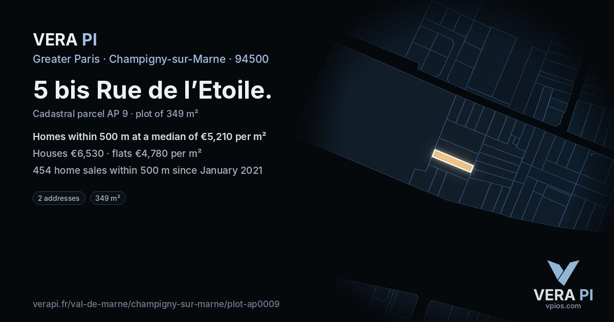 5 bis Rue de l’Etoile, Champigny-sur-Marne at night – the plot lit, the parcels around coloured by the prices near them