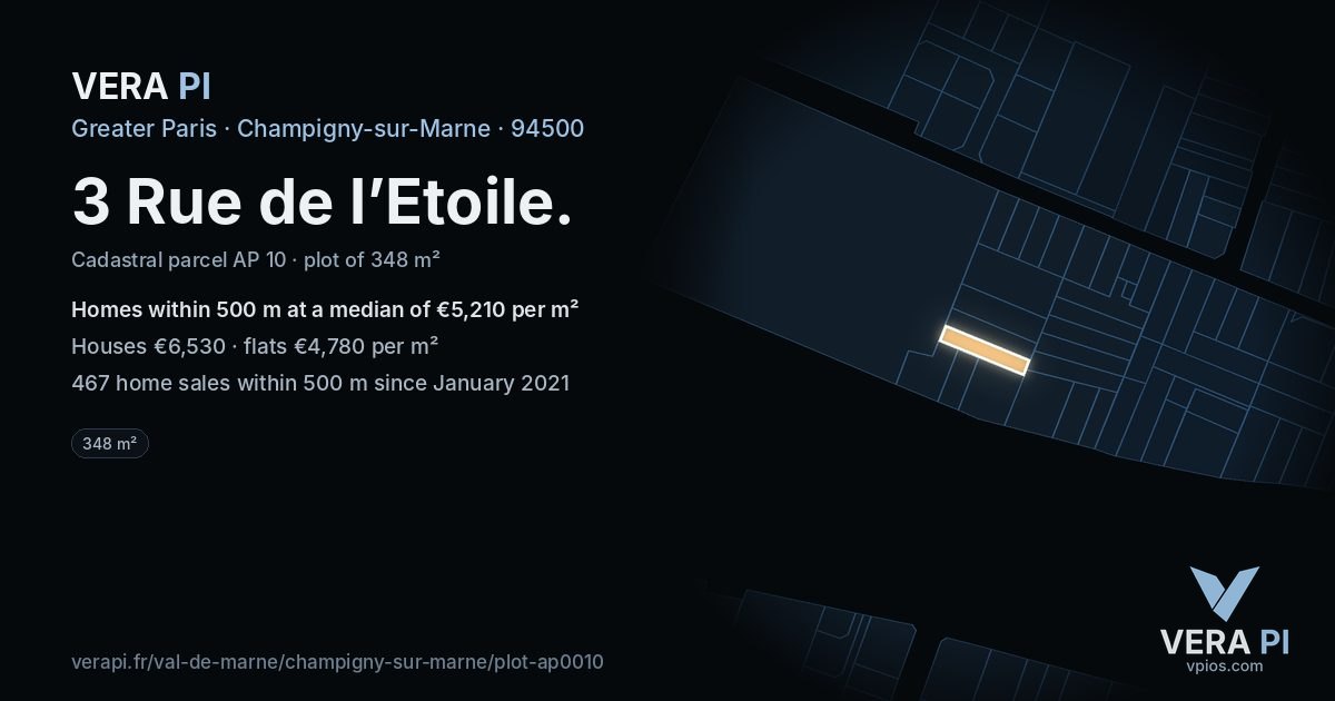 3 Rue de l’Etoile, Champigny-sur-Marne at night – the plot lit, the parcels around coloured by the prices near them