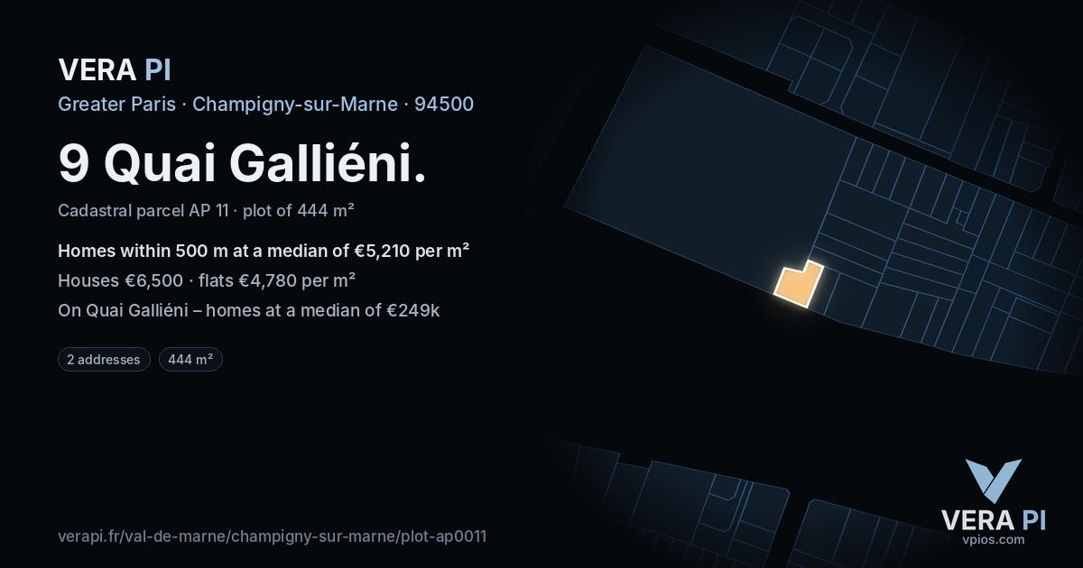 9 Quai Galliéni, Champigny-sur-Marne at night – the plot lit, the parcels around coloured by the prices near them