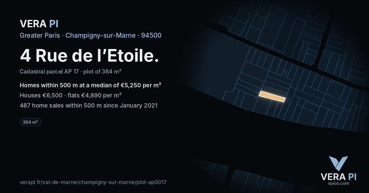 4 Rue de l’Etoile, Champigny-sur-Marne at night – the plot lit, the parcels around coloured by the prices near them