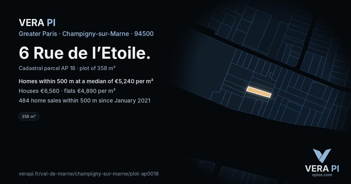 6 Rue de l’Etoile, Champigny-sur-Marne at night – the plot lit, the parcels around coloured by the prices near them
