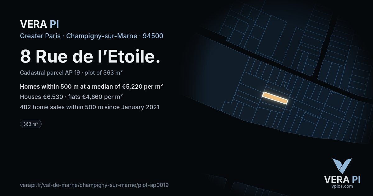 8 Rue de l’Etoile, Champigny-sur-Marne at night – the plot lit, the parcels around coloured by the prices near them