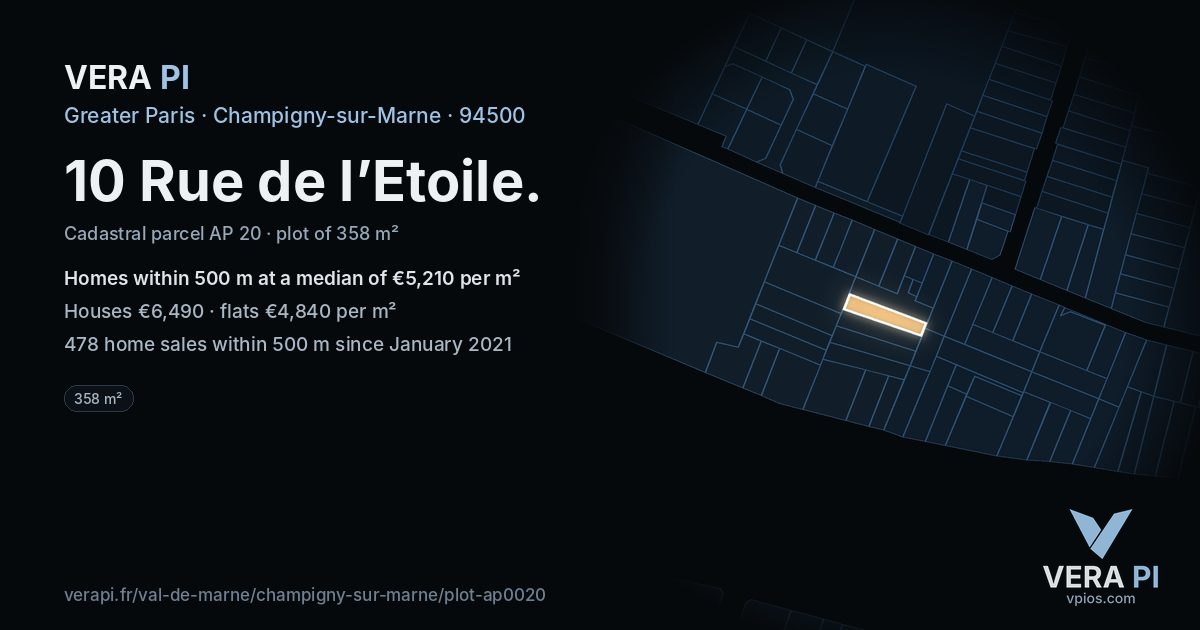 10 Rue de l’Etoile, Champigny-sur-Marne at night – the plot lit, the parcels around coloured by the prices near them