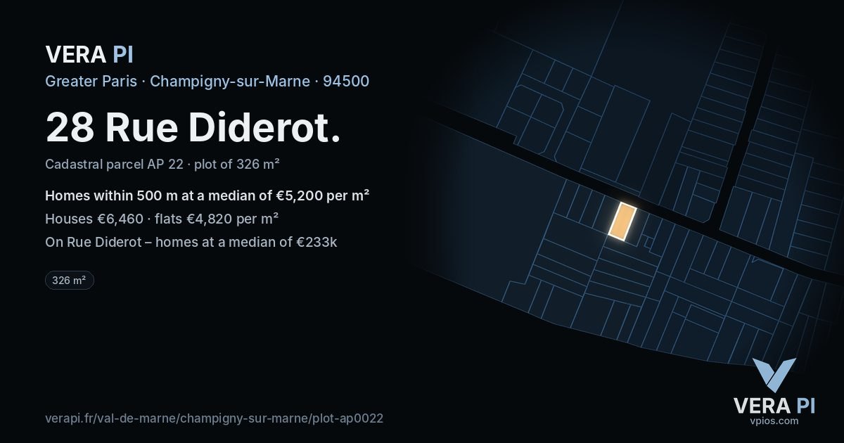 28 Rue Diderot, Champigny-sur-Marne at night – the plot lit, the parcels around coloured by the prices near them