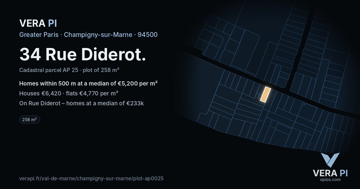 34 Rue Diderot, Champigny-sur-Marne at night – the plot lit, the parcels around coloured by the prices near them
