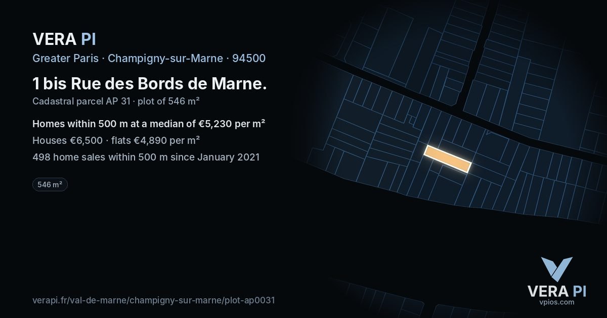 1 bis Rue des Bords de Marne, Champigny-sur-Marne at night – the plot lit, the parcels around coloured by the prices near them