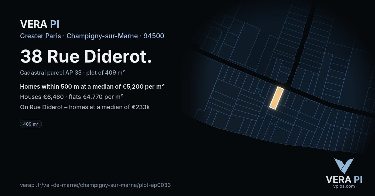 38 Rue Diderot, Champigny-sur-Marne at night – the plot lit, the parcels around coloured by the prices near them