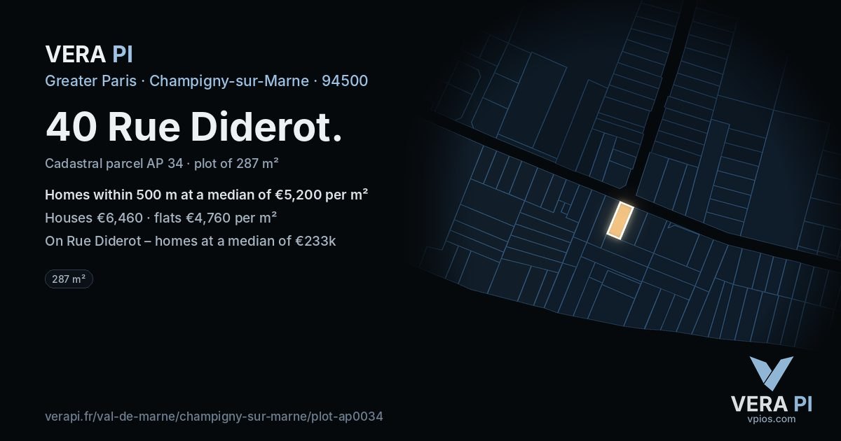 40 Rue Diderot, Champigny-sur-Marne at night – the plot lit, the parcels around coloured by the prices near them