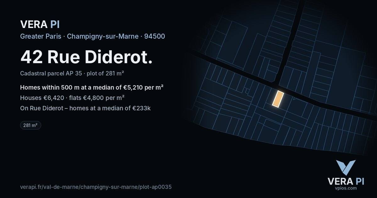 42 Rue Diderot, Champigny-sur-Marne at night – the plot lit, the parcels around coloured by the prices near them