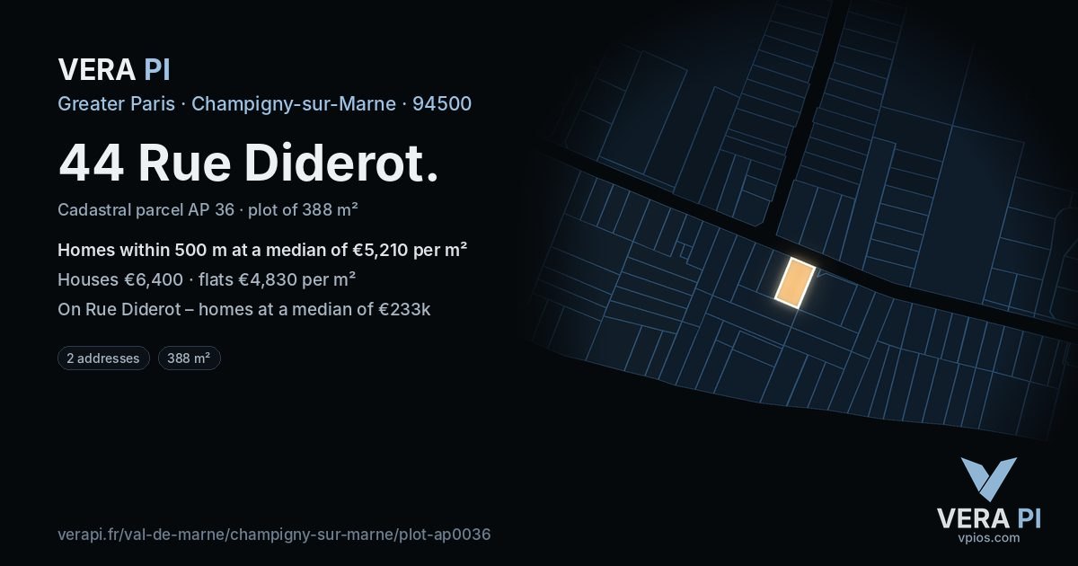 44 Rue Diderot, Champigny-sur-Marne at night – the plot lit, the parcels around coloured by the prices near them