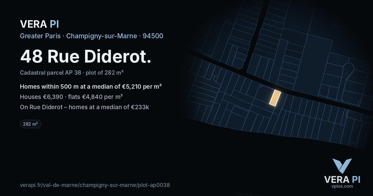 48 Rue Diderot, Champigny-sur-Marne at night – the plot lit, the parcels around coloured by the prices near them