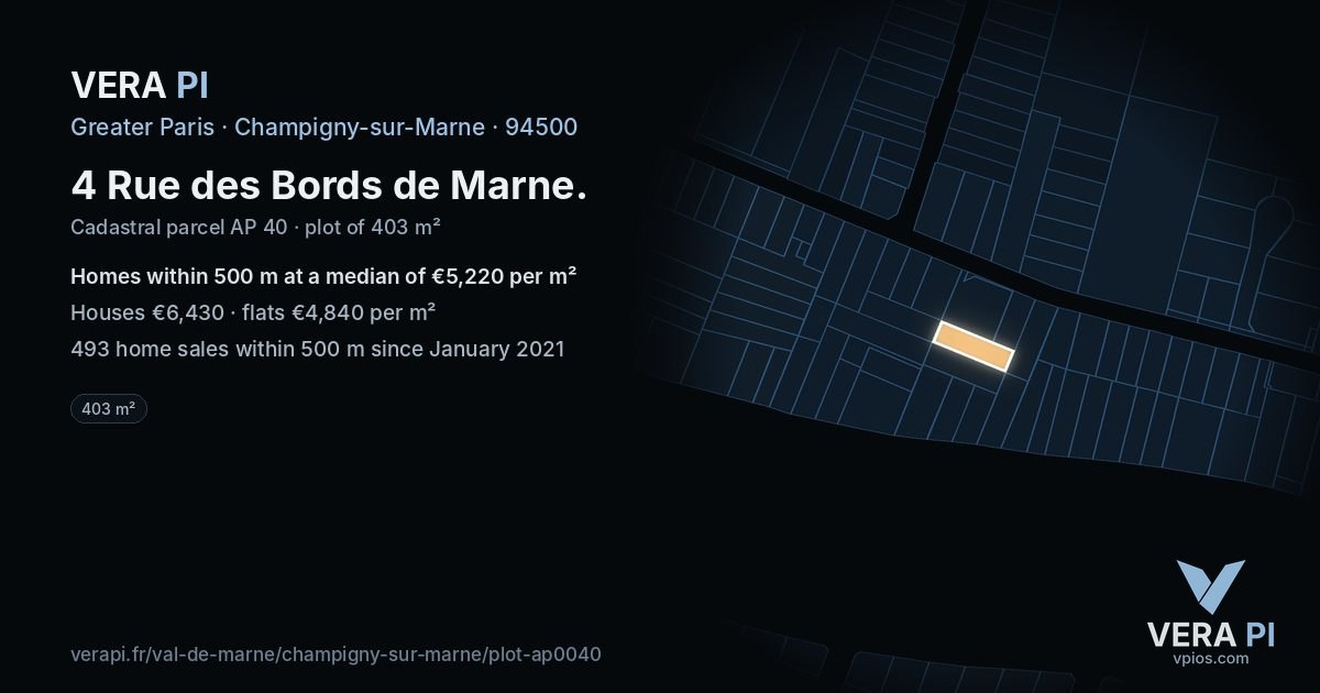 4 Rue des Bords de Marne, Champigny-sur-Marne at night – the plot lit, the parcels around coloured by the prices near them