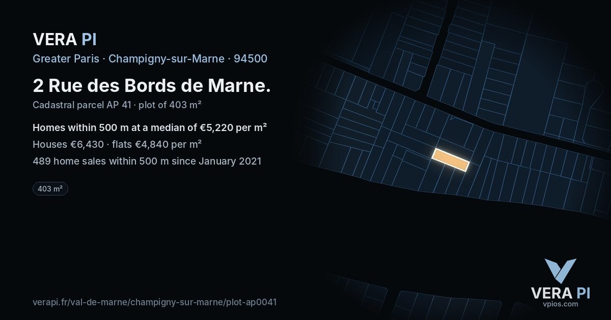 2 Rue des Bords de Marne, Champigny-sur-Marne at night – the plot lit, the parcels around coloured by the prices near them