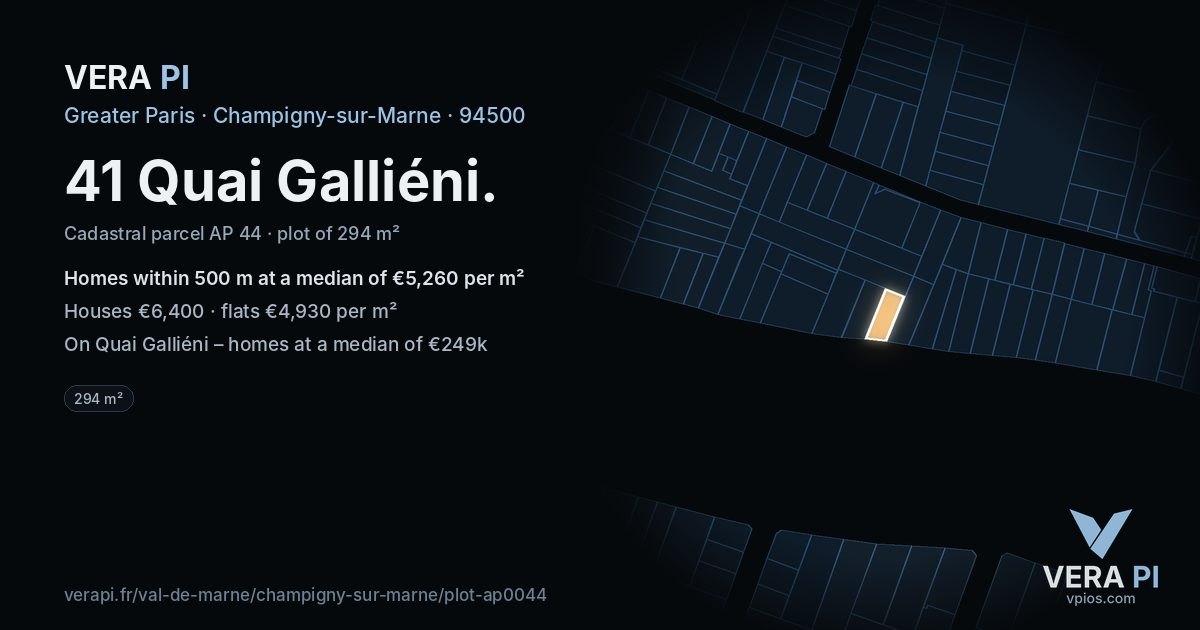 41 Quai Galliéni, Champigny-sur-Marne at night – the plot lit, the parcels around coloured by the prices near them