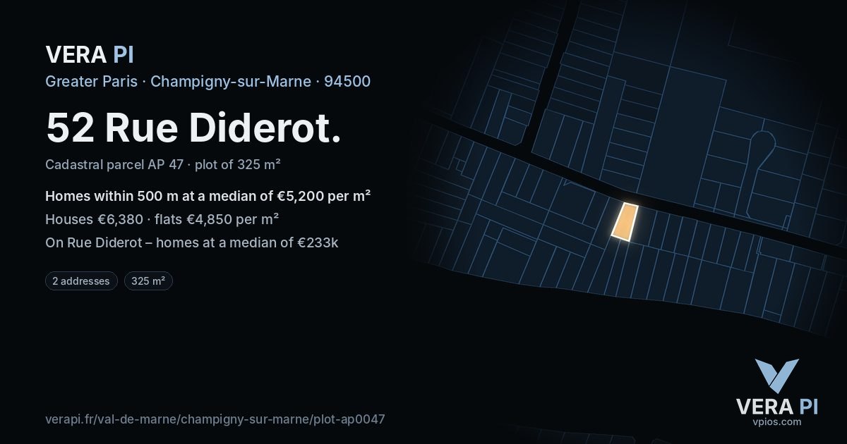 52 Rue Diderot, Champigny-sur-Marne at night – the plot lit, the parcels around coloured by the prices near them