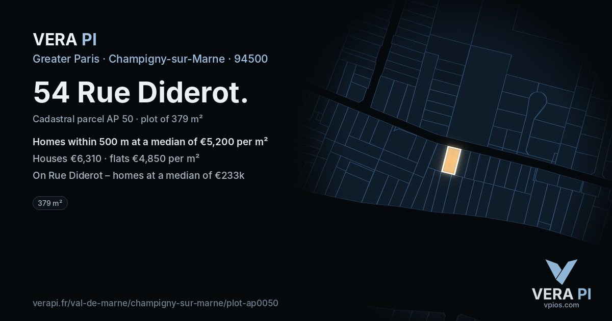 54 Rue Diderot, Champigny-sur-Marne at night – the plot lit, the parcels around coloured by the prices near them