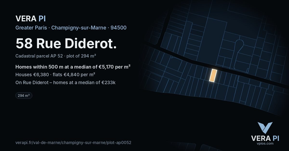 58 Rue Diderot, Champigny-sur-Marne at night – the plot lit, the parcels around coloured by the prices near them