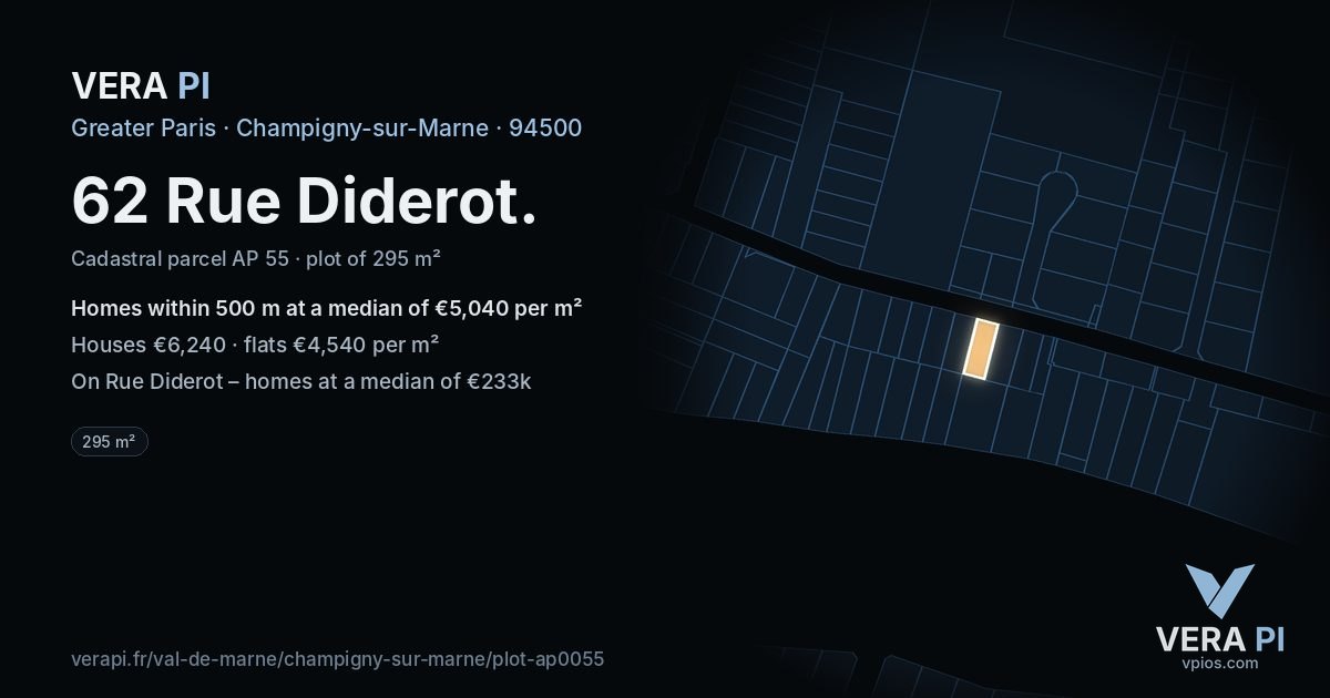 62 Rue Diderot, Champigny-sur-Marne at night – the plot lit, the parcels around coloured by the prices near them