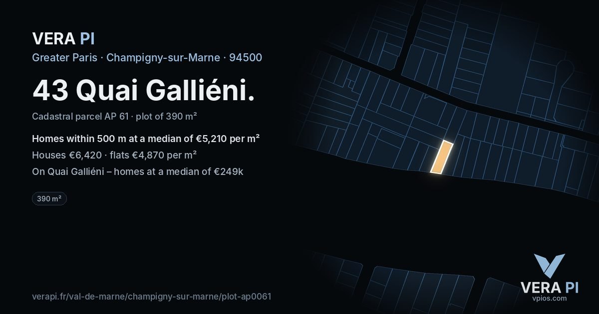 43 Quai Galliéni, Champigny-sur-Marne at night – the plot lit, the parcels around coloured by the prices near them