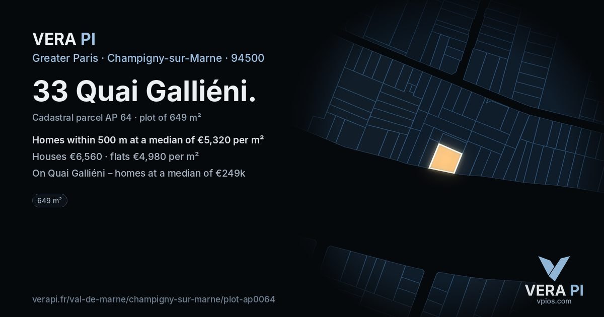 33 Quai Galliéni, Champigny-sur-Marne at night – the plot lit, the parcels around coloured by the prices near them
