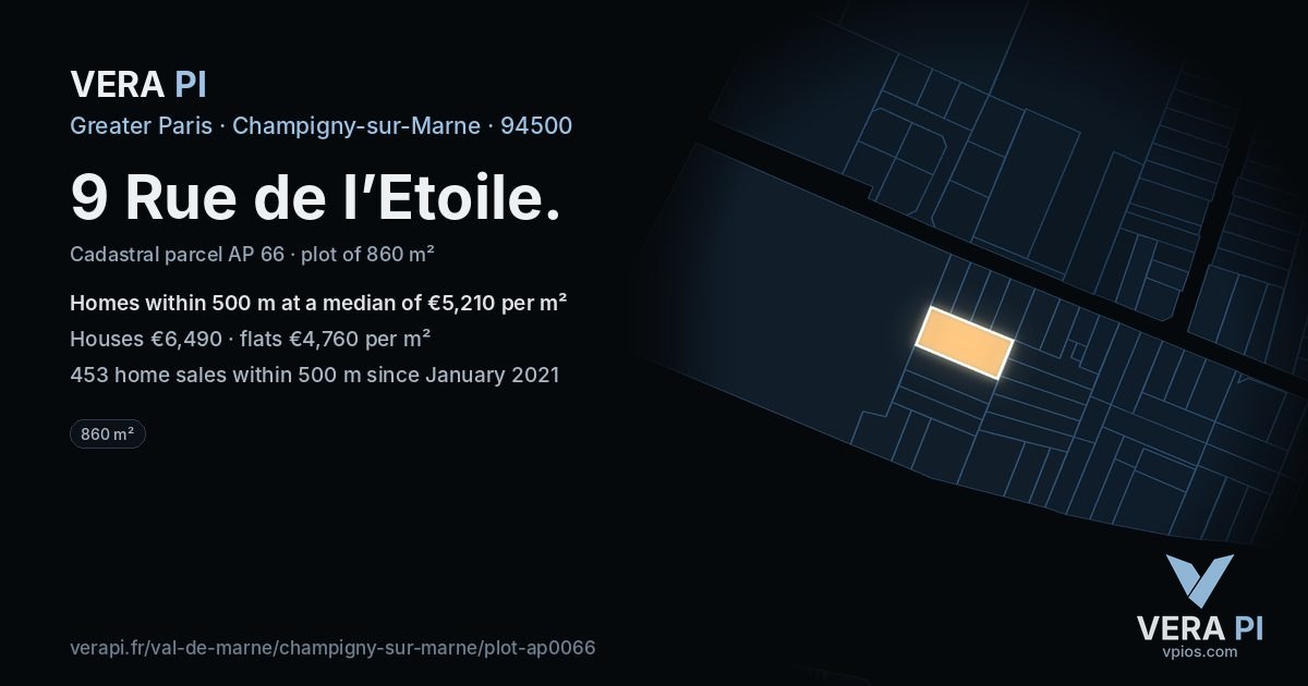 9 Rue de l’Etoile, Champigny-sur-Marne at night – the plot lit, the parcels around coloured by the prices near them