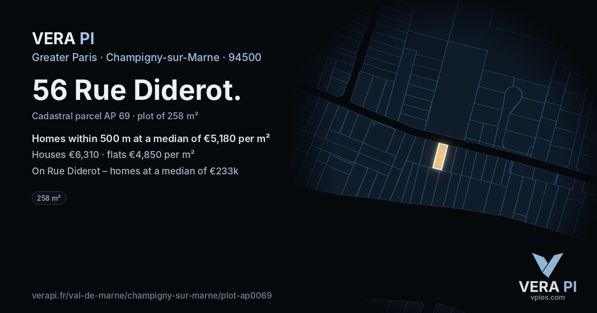 56 Rue Diderot, Champigny-sur-Marne at night – the plot lit, the parcels around coloured by the prices near them