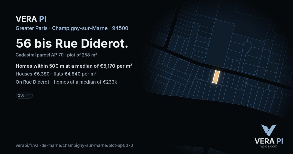 56 bis Rue Diderot, Champigny-sur-Marne at night – the plot lit, the parcels around coloured by the prices near them