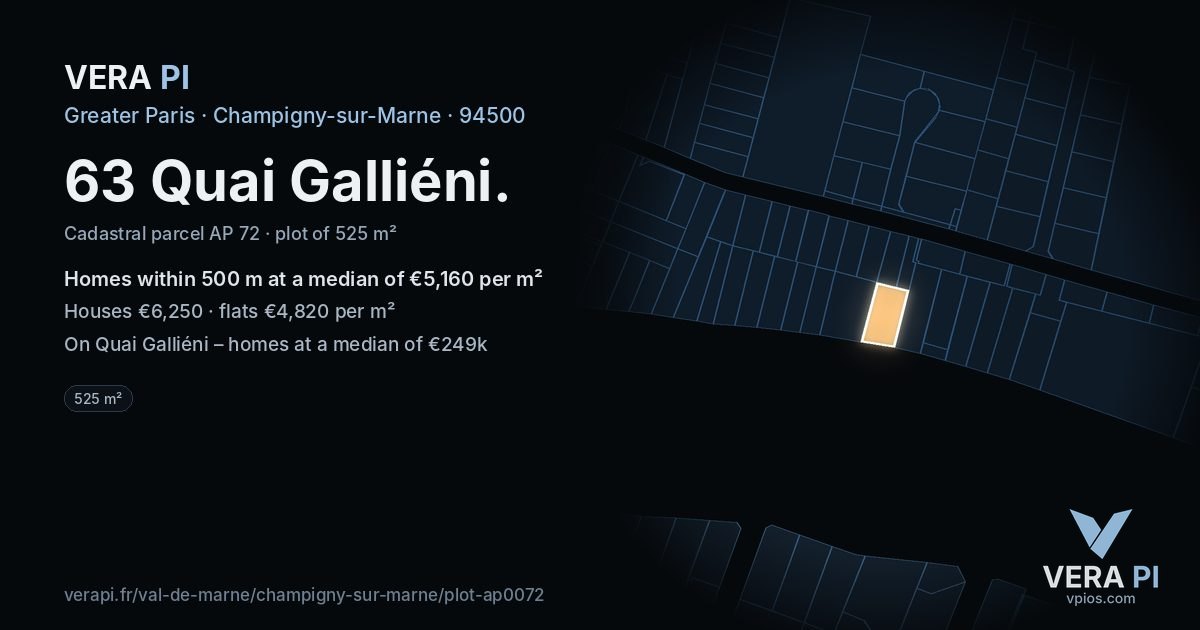 63 Quai Galliéni, Champigny-sur-Marne at night – the plot lit, the parcels around coloured by the prices near them