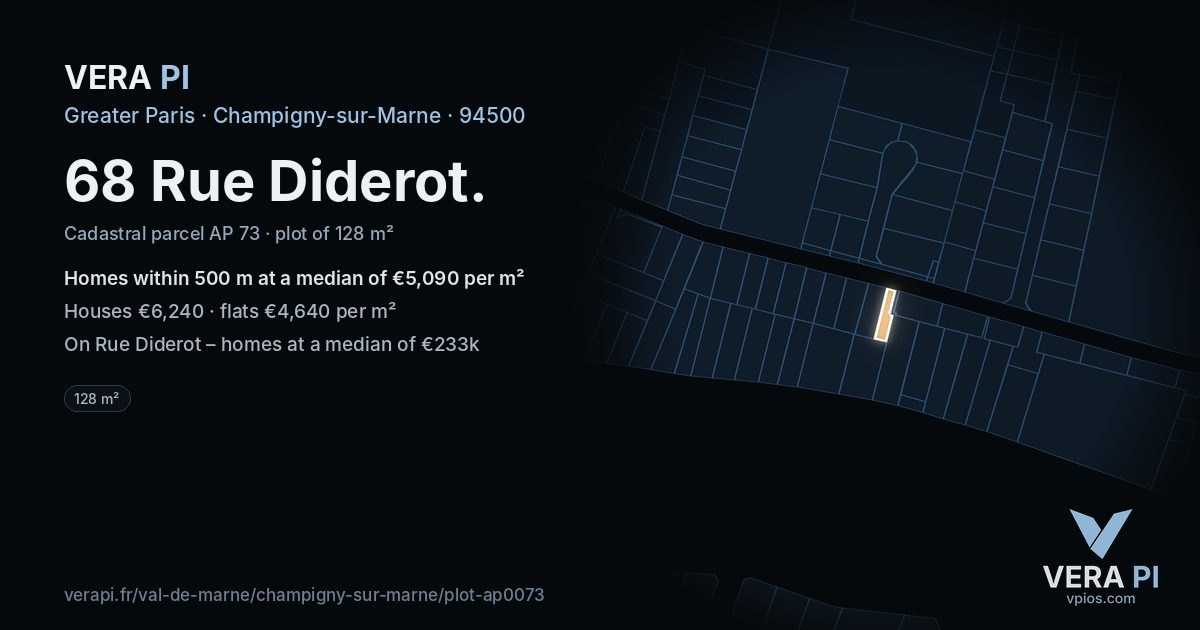 68 Rue Diderot, Champigny-sur-Marne at night – the plot lit, the parcels around coloured by the prices near them