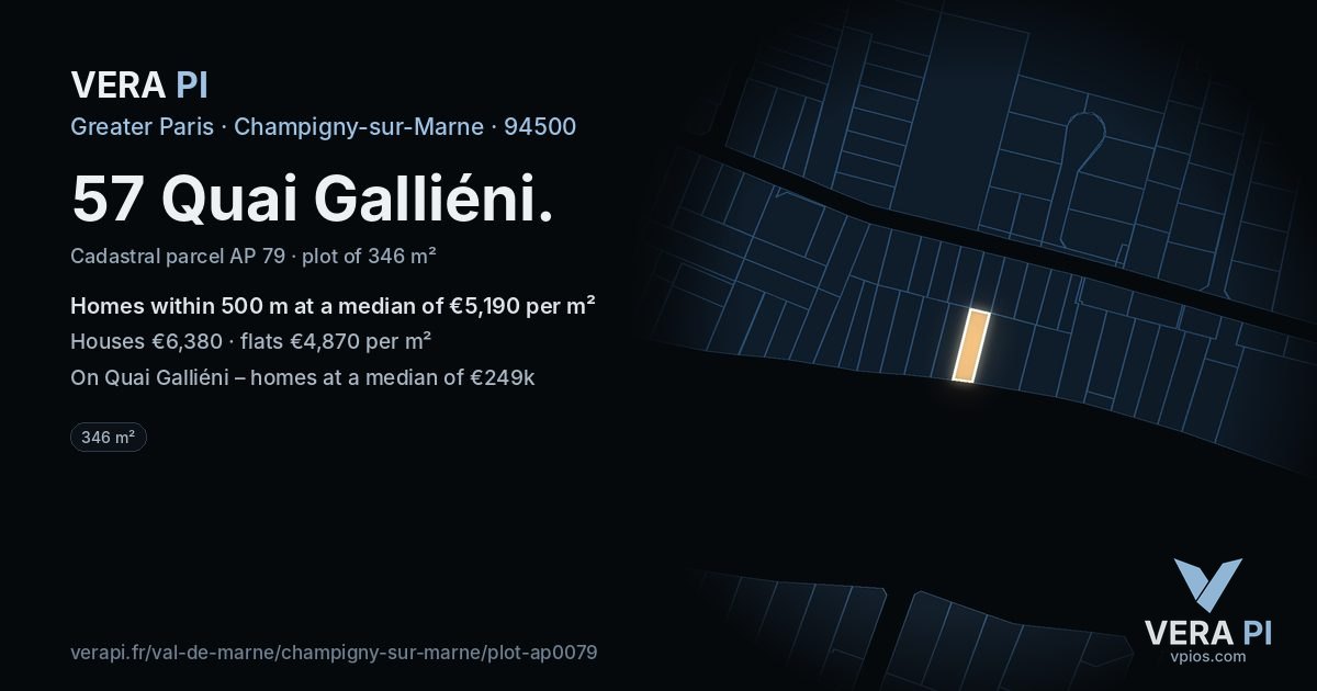 57 Quai Galliéni, Champigny-sur-Marne at night – the plot lit, the parcels around coloured by the prices near them