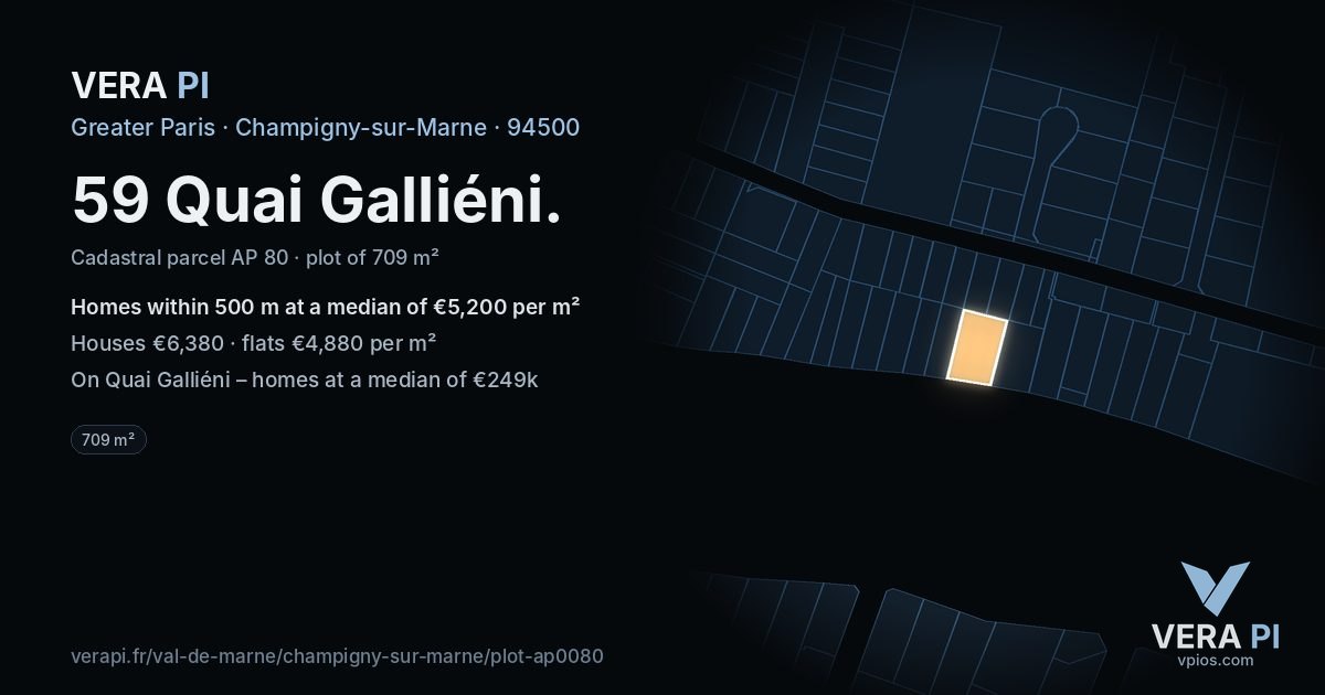59 Quai Galliéni, Champigny-sur-Marne at night – the plot lit, the parcels around coloured by the prices near them