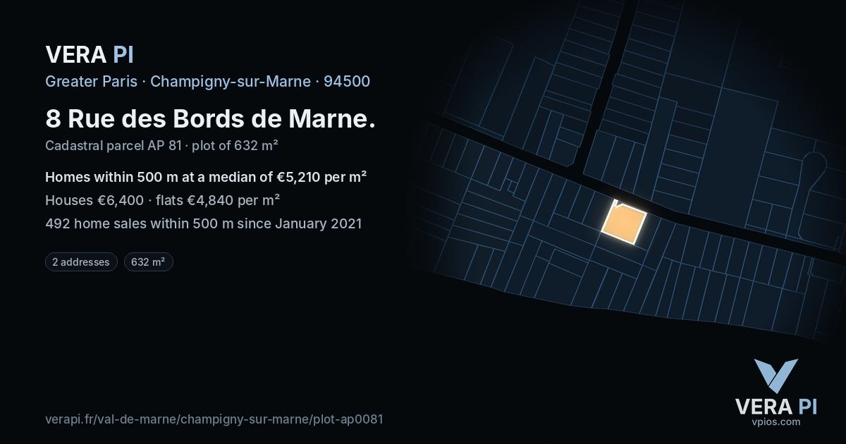 8 Rue des Bords de Marne, Champigny-sur-Marne at night – the plot lit, the parcels around coloured by the prices near them