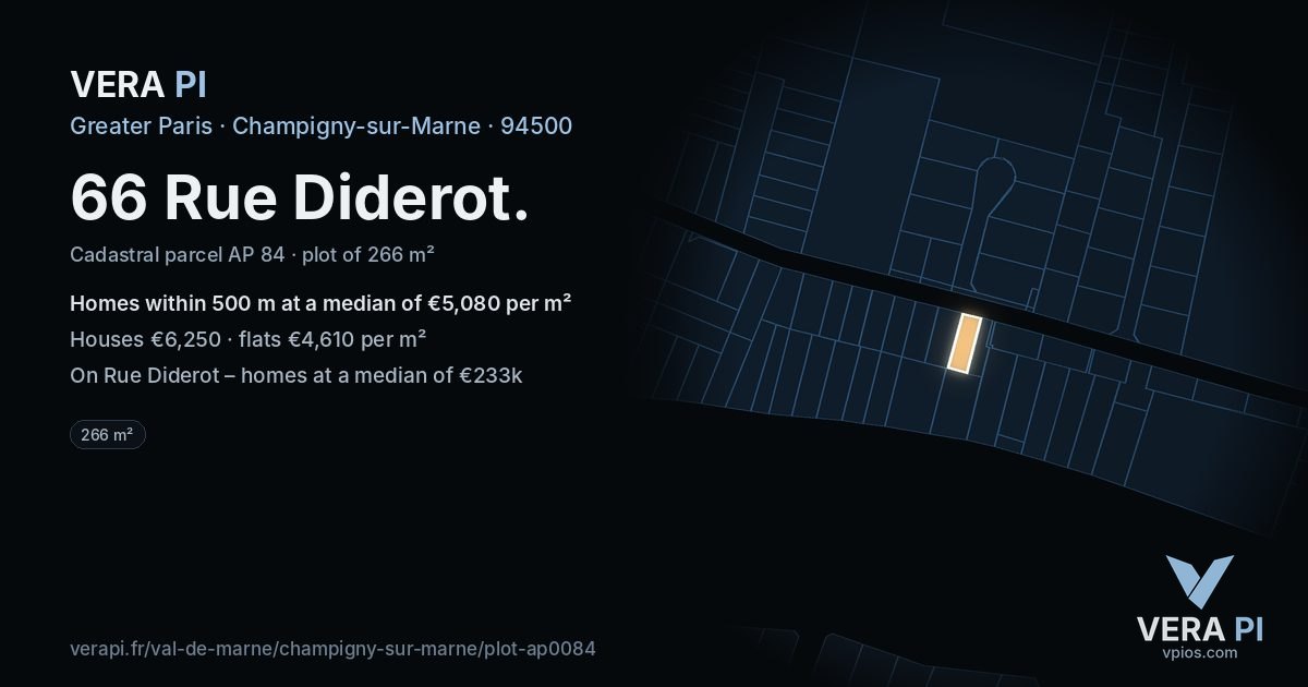 66 Rue Diderot, Champigny-sur-Marne at night – the plot lit, the parcels around coloured by the prices near them