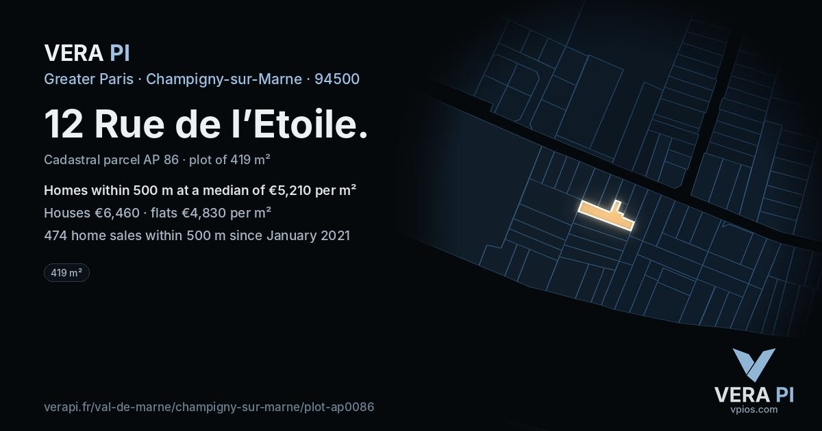 12 Rue de l’Etoile, Champigny-sur-Marne at night – the plot lit, the parcels around coloured by the prices near them