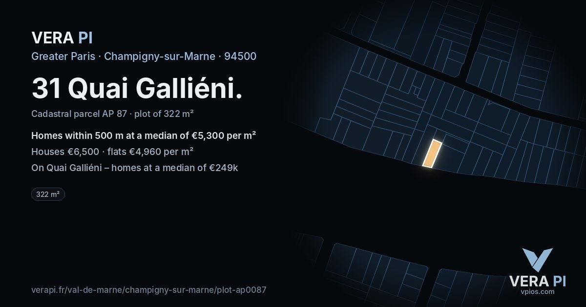 31 Quai Galliéni, Champigny-sur-Marne at night – the plot lit, the parcels around coloured by the prices near them