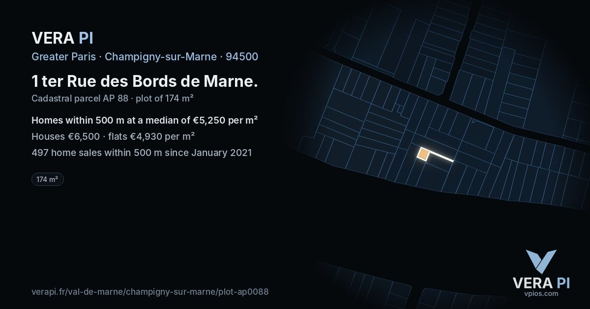 1 ter Rue des Bords de Marne, Champigny-sur-Marne at night – the plot lit, the parcels around coloured by the prices near them
