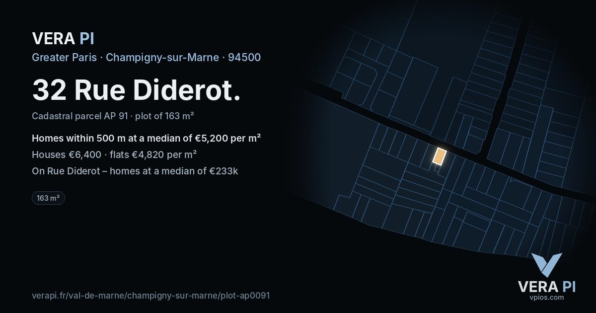32 Rue Diderot, Champigny-sur-Marne at night – the plot lit, the parcels around coloured by the prices near them