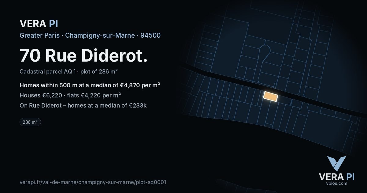 70 Rue Diderot, Champigny-sur-Marne at night – the plot lit, the parcels around coloured by the prices near them