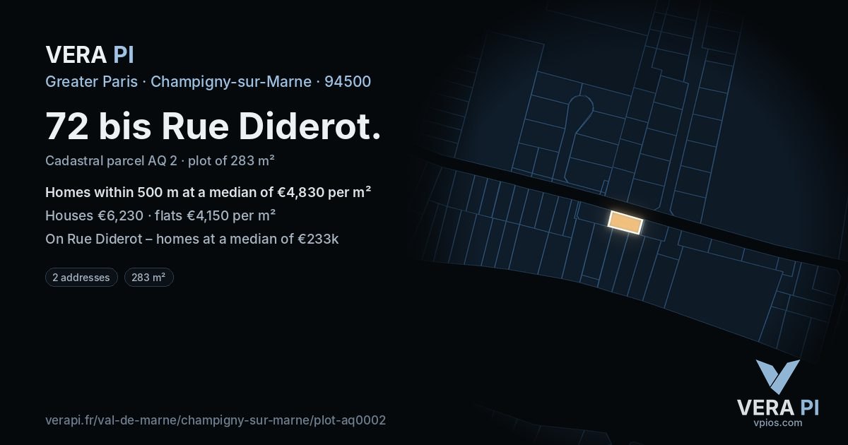 72 bis Rue Diderot, Champigny-sur-Marne at night – the plot lit, the parcels around coloured by the prices near them